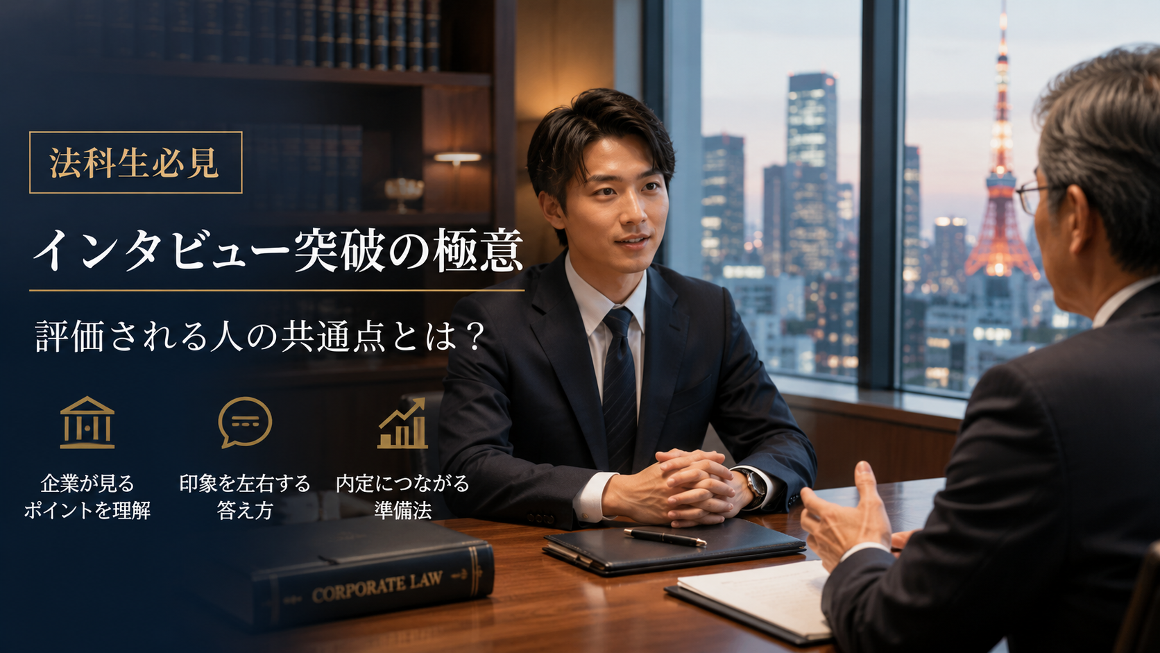 法律事務所の面接で評価されるポイントを解説するイラスト