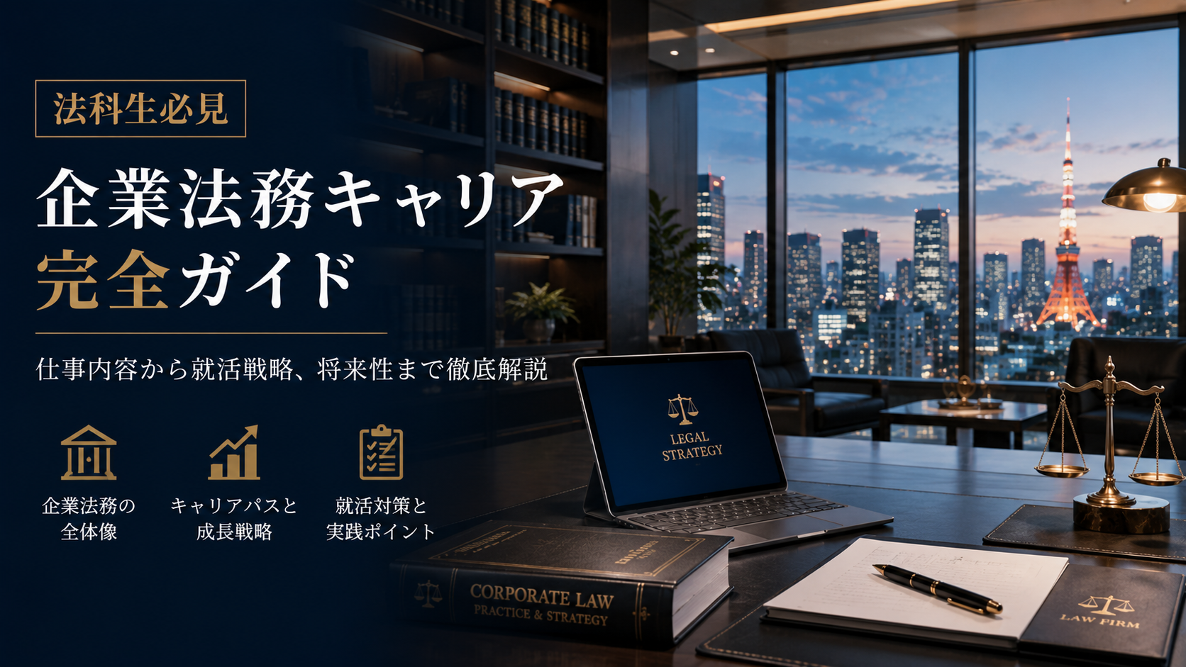 企業法務キャリア完全ガイドを示すイラスト