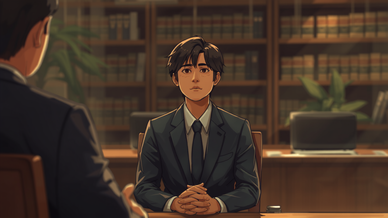 法律事務所の面接に臨むロースクール生のイラスト