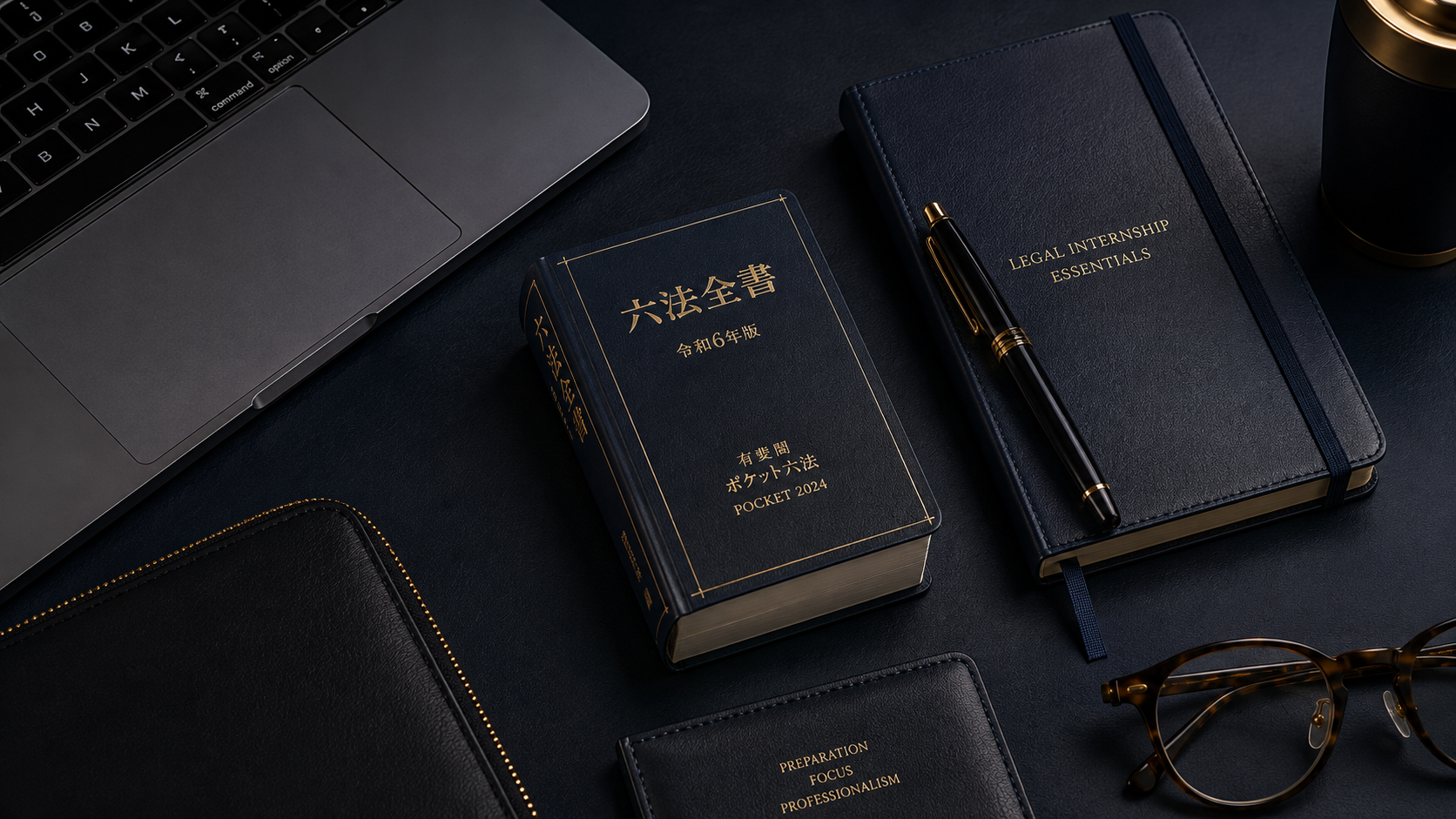 サマークラークの持ち物（ノートパソコン、六法全書、手帳、ペン）を並べたイラスト