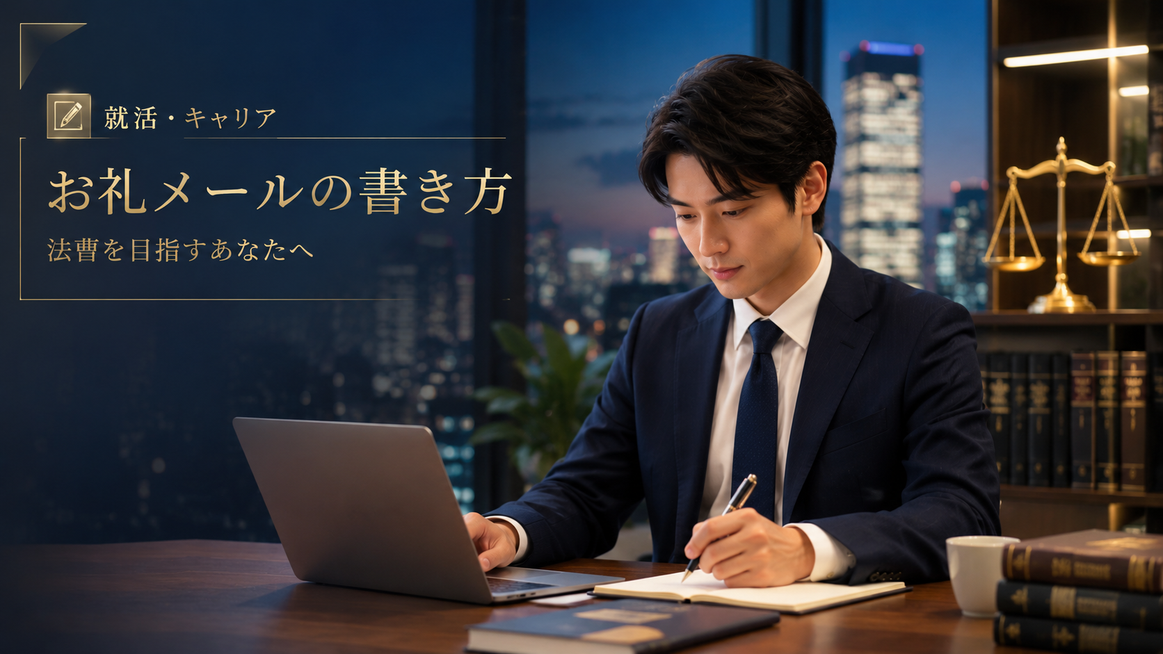 サマークラーク後にお礼メールを書くロースクール生のイラスト