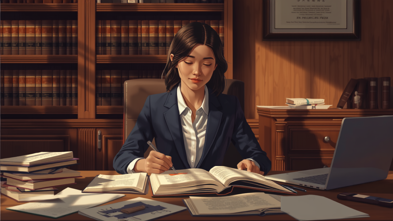 法律事務所のオフィスで資料を読み込みながらリサーチに取り組むロースクール生のイラスト